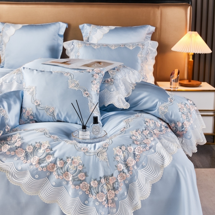 91家纺网 家纺一手货源 找家纺 缔缦 2023新款安娜系列高端居家轻奢真丝棉四件套 安娜-蓝
