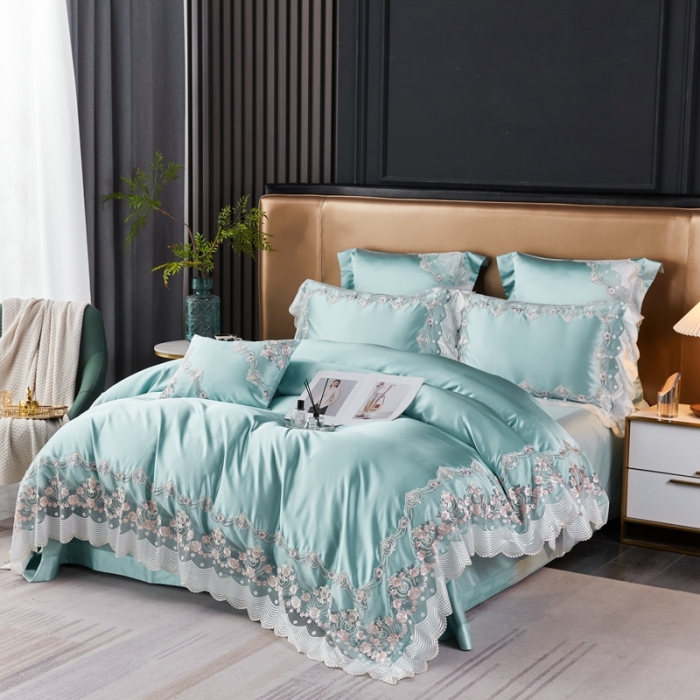 91家纺网 家纺一手货源 找家纺 缔缦 2023新款安娜系列高端居家轻奢真丝棉四件套 安娜-水绿