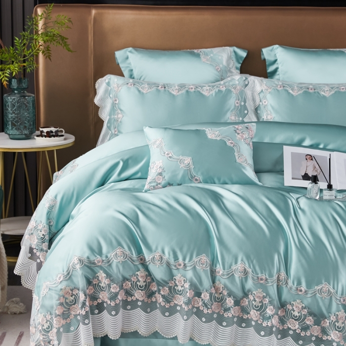 91家纺网 家纺一手货源 找家纺 缔缦 2023新款安娜系列高端居家轻奢真丝棉四件套 安娜-水绿