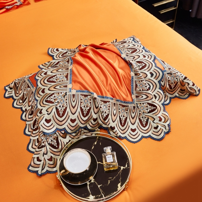 91家纺网 家纺一手货源 找家纺 缔缦 2023新款贝尔系列高端居家轻奢真丝棉四件套 贝尔-桔色