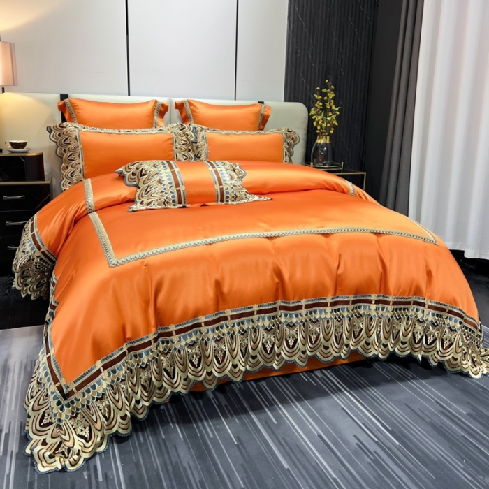 91家纺网 家纺一手货源 找家纺 缔缦 2023新款贝尔系列高端居家轻奢真丝棉四件套 贝尔-桔色