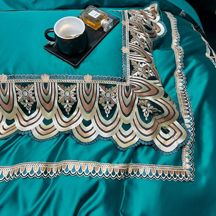 91家纺网 家纺一手货源 找家纺 缔缦 2023新款贝尔系列高端居家轻奢真丝棉四件套 贝尔-墨绿