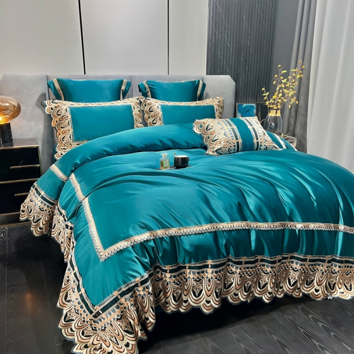 91家纺网 家纺一手货源 找家纺 缔缦 2023新款贝尔系列高端居家轻奢真丝棉四件套 贝尔-墨绿