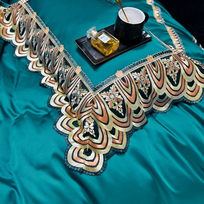 91家纺网 家纺一手货源 找家纺 缔缦 2023新款贝尔系列高端居家轻奢真丝棉四件套 贝尔-墨绿