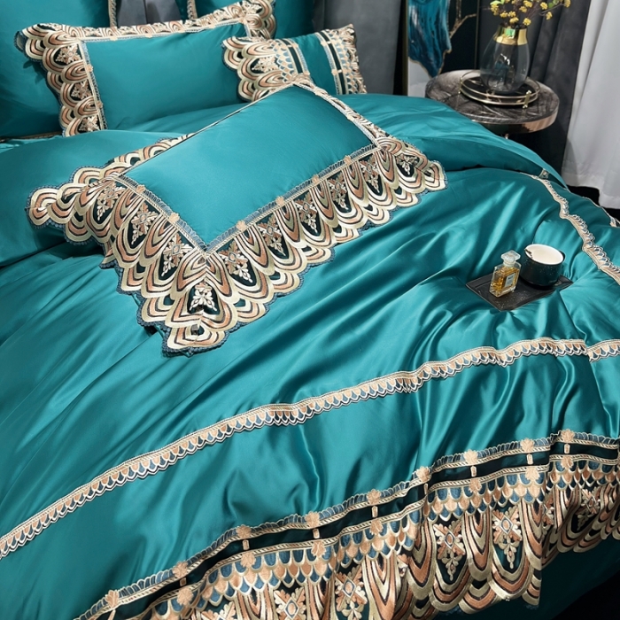 91家纺网 家纺一手货源 找家纺 缔缦 2023新款贝尔系列高端居家轻奢真丝棉四件套 贝尔-墨绿