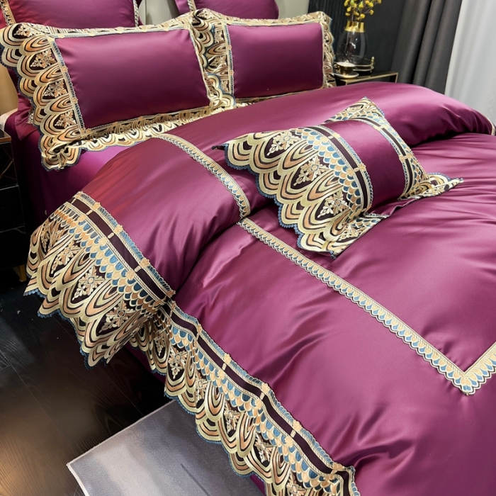 91家纺网 家纺一手货源 找家纺 缔缦 2023新款贝尔系列高端居家轻奢真丝棉四件套 贝尔-深紫