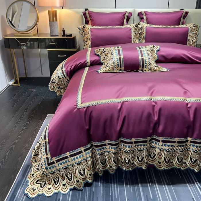 91家纺网 家纺一手货源 找家纺 缔缦 2023新款贝尔系列高端居家轻奢真丝棉四件套 贝尔-深紫