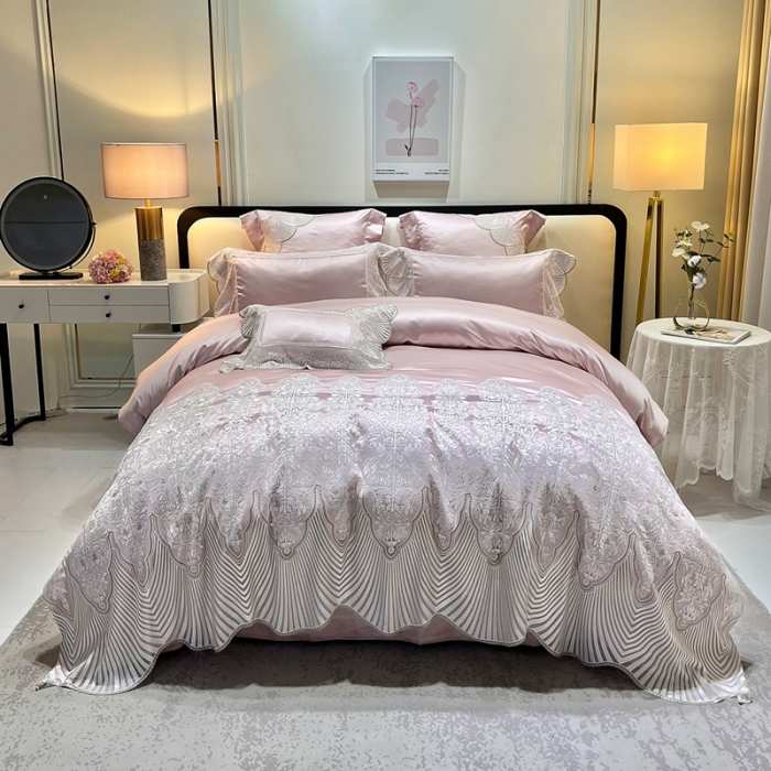 91家纺网 家纺一手货源 找家纺 缔缦 2023新款卡娜莎系列高端居家轻奢真丝棉四件套 卡娜莎-粉色