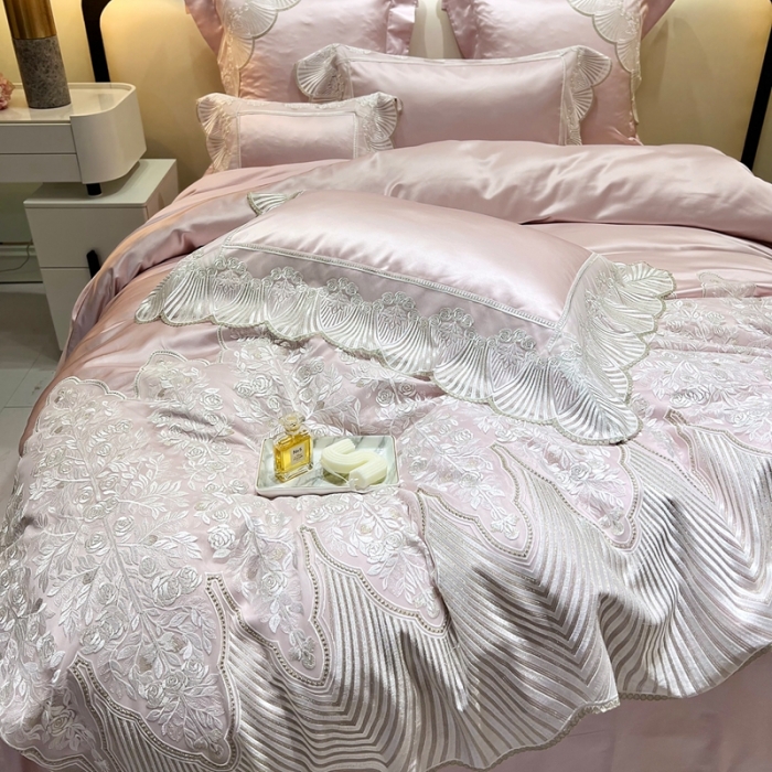 91家纺网 家纺一手货源 找家纺 缔缦 2023新款卡娜莎系列高端居家轻奢真丝棉四件套 卡娜莎-粉色