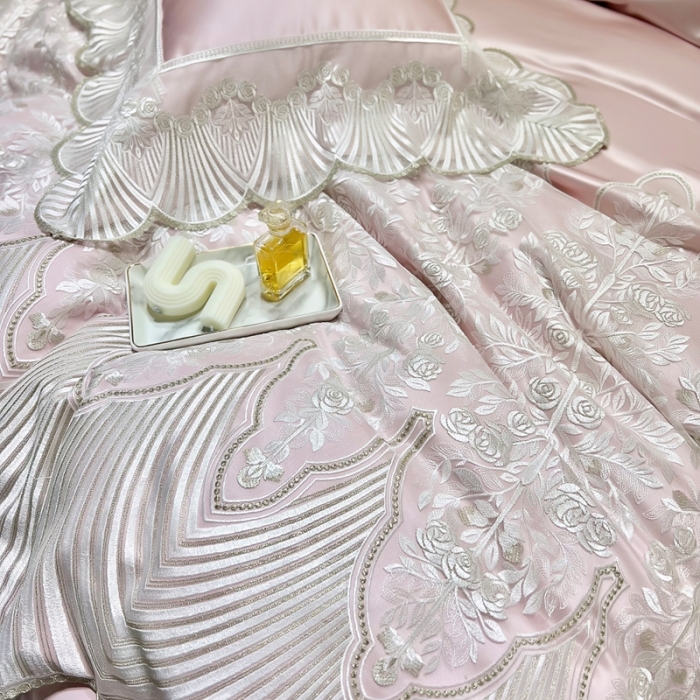 91家纺网 家纺一手货源 找家纺 缔缦 2023新款卡娜莎系列高端居家轻奢真丝棉四件套 卡娜莎-粉色