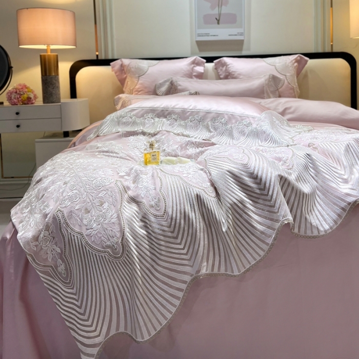 91家纺网 家纺一手货源 找家纺 缔缦 2023新款卡娜莎系列高端居家轻奢真丝棉四件套 卡娜莎-粉色