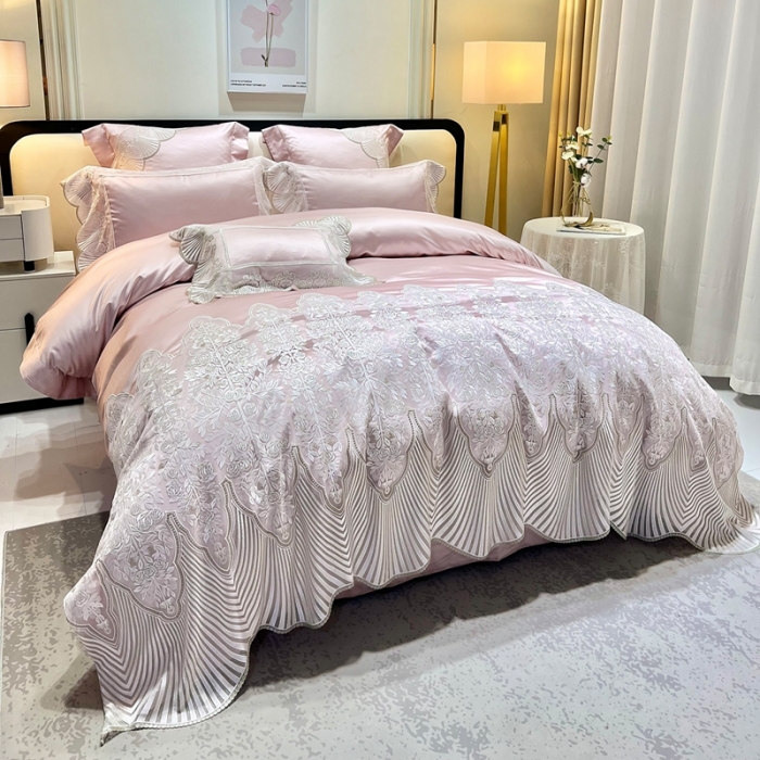 91家纺网 家纺一手货源 找家纺 缔缦 2023新款卡娜莎系列高端居家轻奢真丝棉四件套 卡娜莎-粉色