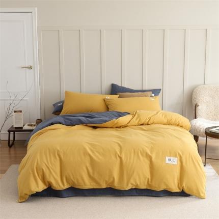 富瑞阁 2024新款全棉无印色拼系列四件套 姜黄-牛仔蓝