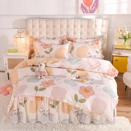 91家纺网 家纺一手货源 找家纺 美达2025全棉蕾丝小花边半夹棉床裙四件套 悠若花园