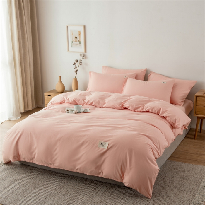 91家纺网 家纺一手货源 找家纺 富瑞阁 2024新款全棉无印条格系列四件套 初恋粉