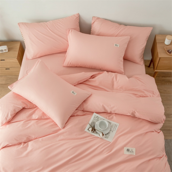 91家纺网 家纺一手货源 找家纺 富瑞阁 2024新款全棉无印条格系列四件套 初恋粉