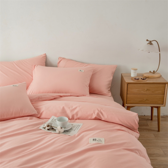 91家纺网 家纺一手货源 找家纺 富瑞阁 2024新款全棉无印条格系列四件套 初恋粉