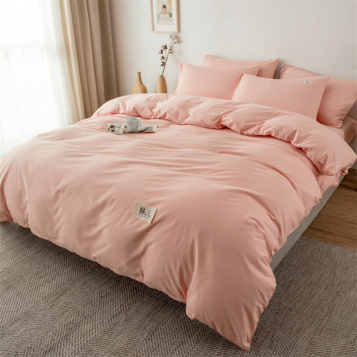 91家纺网 家纺一手货源 找家纺 富瑞阁 2024新款全棉无印条格系列四件套 初恋粉