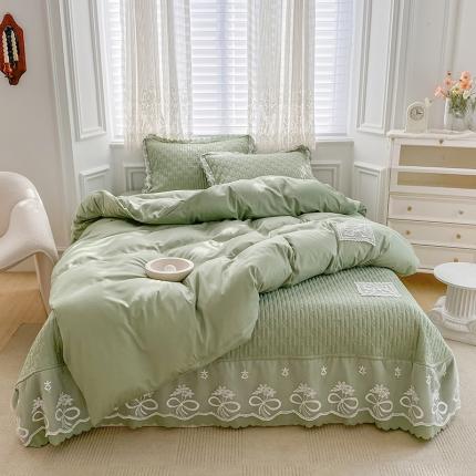 91家纺网 家纺一手货源 找家纺 总-源舜慕斯棉蝶之恋蕾丝花边绿茶清香纯色床盖三四件套夹棉绗缝床盖