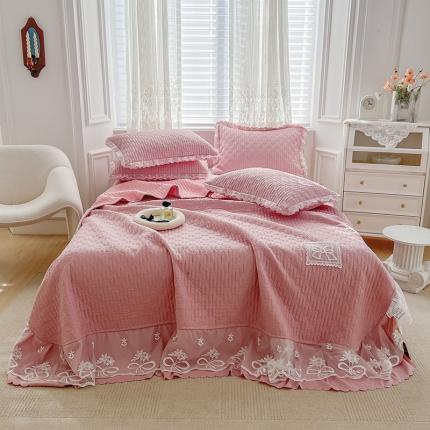 91家纺网 家纺一手货源 找家纺 总-源舜慕斯棉蝶之恋蕾丝花边绿茶清香纯色床盖三四件套夹棉绗缝床盖