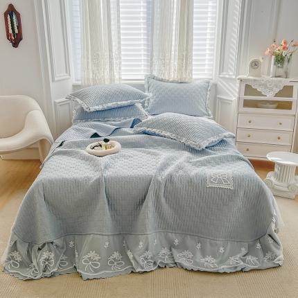 91家纺网 家纺一手货源 找家纺 总-源舜慕斯棉蝶之恋蕾丝花边绿茶清香纯色床盖三四件套夹棉绗缝床盖
