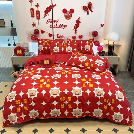 91家纺网 家纺一手货源 找家纺 宏源 2022年新款大红时尚磨毛婚庆四件套 恩爱