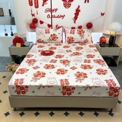 91家纺网 家纺一手货源 找家纺 宏源 2023年新款大红时尚磨毛婚庆单床笠 喜多多