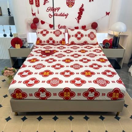 91家纺网 家纺一手货源 找家纺 宏源 2023年新款大红时尚磨毛婚庆单床笠 喜兔