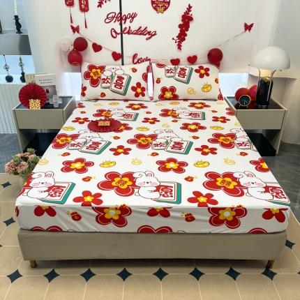 宏源 2023年新款大红时尚磨毛婚庆单床笠 欢天喜地