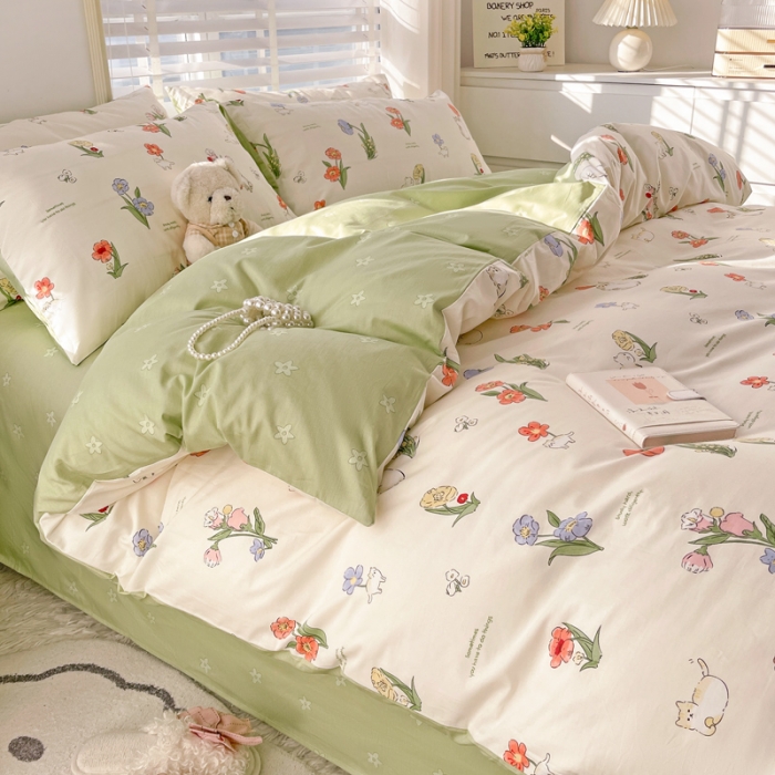 91家纺网 家纺一手货源 找家纺 乐童  2024新款13372全棉爆款四件套 花园小猫