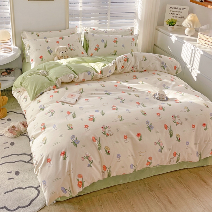 91家纺网 家纺一手货源 找家纺 乐童  2024新款13372全棉爆款四件套 花园小猫