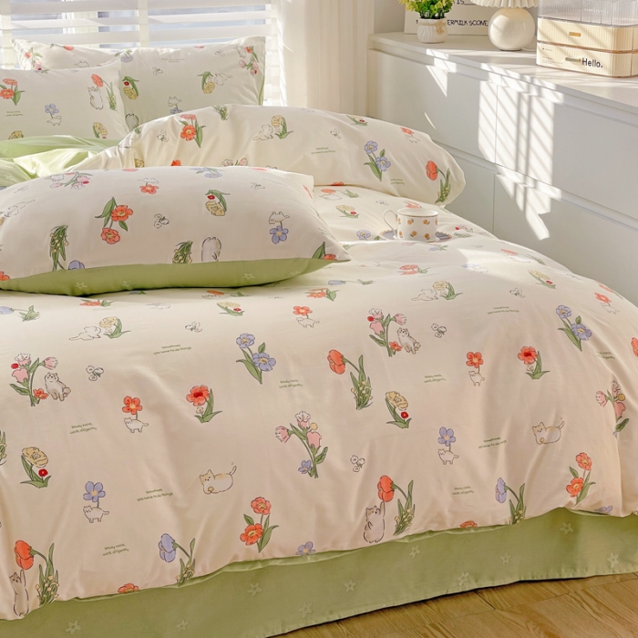 91家纺网 家纺一手货源 找家纺 乐童  2024新款13372全棉爆款四件套 花园小猫