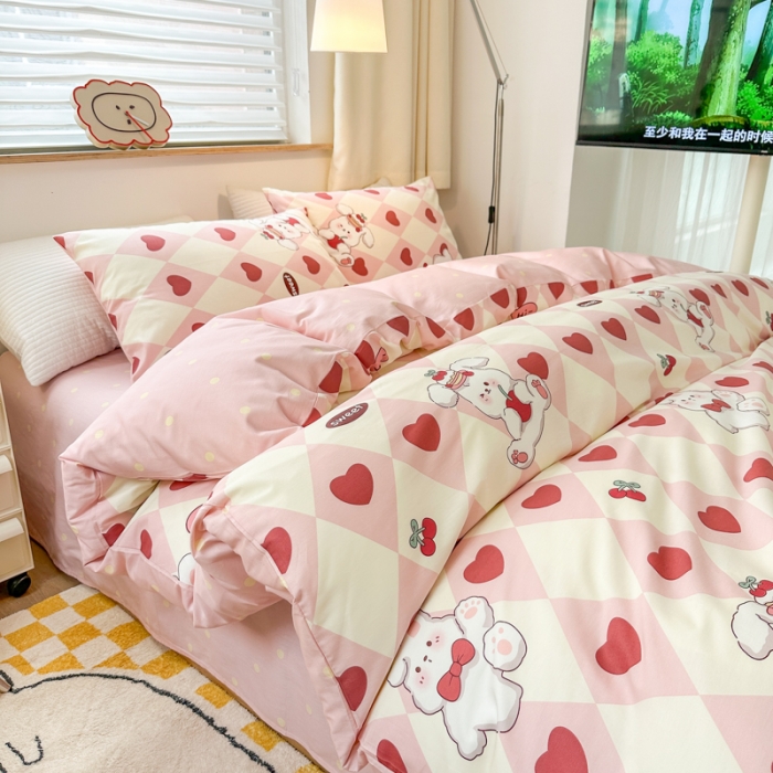 91家纺网 家纺一手货源 找家纺 优彩 2023新款13372全棉小清新卡通系列四件套 爱心兔