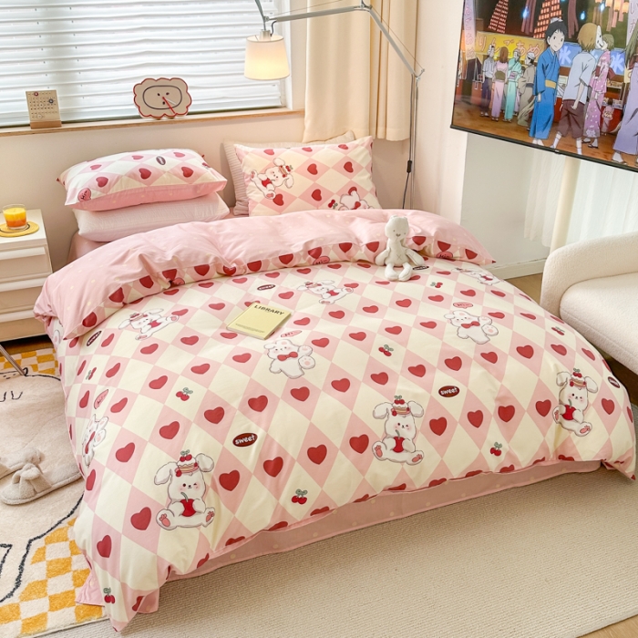 91家纺网 家纺一手货源 找家纺 优彩 2023新款13372全棉小清新卡通系列四件套 爱心兔