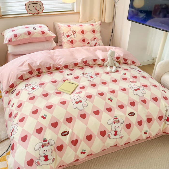 91家纺网 家纺一手货源 找家纺 优彩 2023新款13372全棉小清新卡通系列四件套 爱心兔