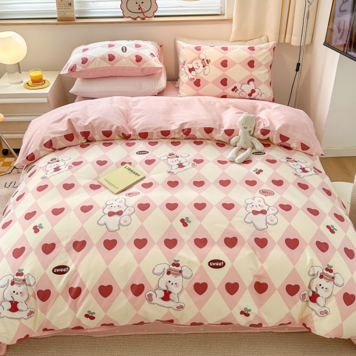 91家纺网 家纺一手货源 找家纺 优彩 2023新款13372全棉小清新卡通系列四件套 爱心兔