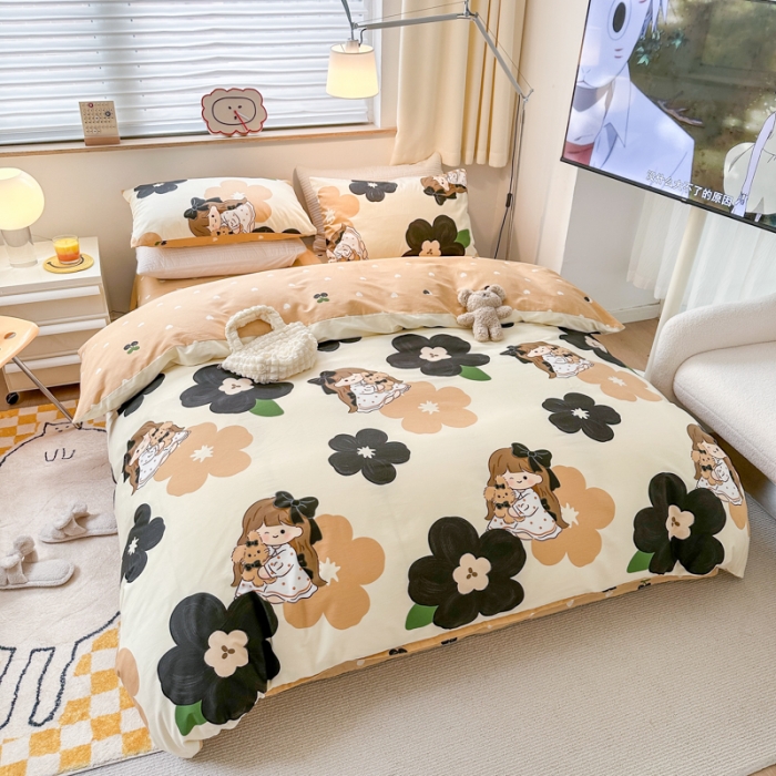 91家纺网 家纺一手货源 找家纺 优彩 2023新款13372全棉小清新卡通系列四件套 安娜