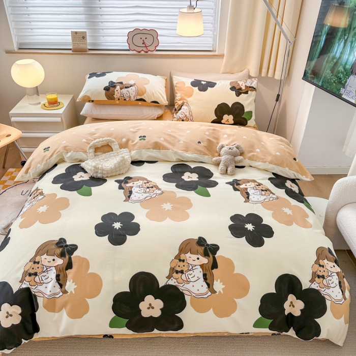 91家纺网 家纺一手货源 找家纺 优彩 2023新款13372全棉小清新卡通系列四件套 安娜