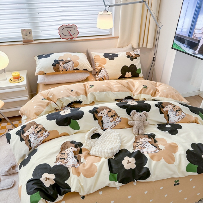 91家纺网 家纺一手货源 找家纺 优彩 2023新款13372全棉小清新卡通系列四件套 安娜