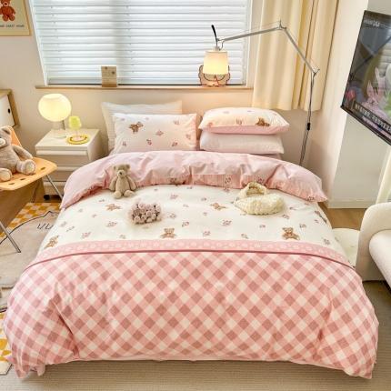 优彩 2023新款13372全棉小清新卡通系列四件套 格子熊