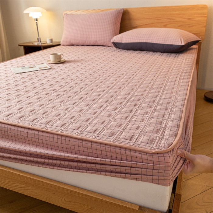 91家纺网 家纺一手货源 找家纺 蓝巢 2023新款全棉水洗棉大豆夹棉床笠 摩卡丁香粉格