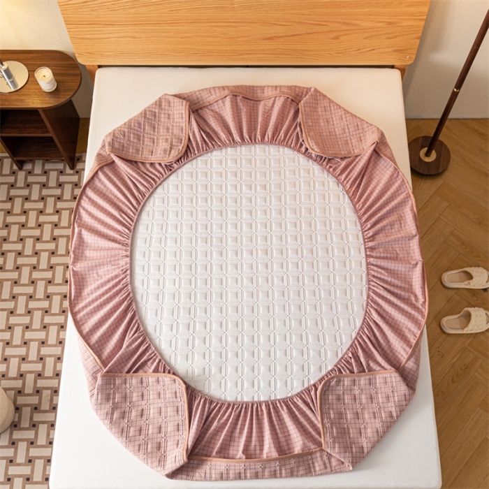 91家纺网 家纺一手货源 找家纺 蓝巢 2023新款全棉水洗棉大豆夹棉床笠 摩卡丁香粉格