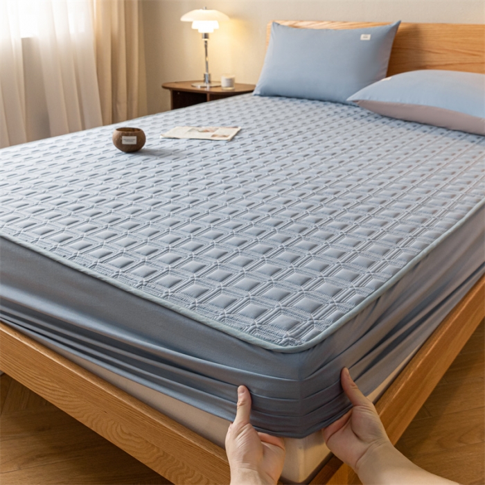 91家纺网 家纺一手货源 找家纺 蓝巢 2023新款全棉水洗棉大豆夹棉床笠 摩卡湖蓝