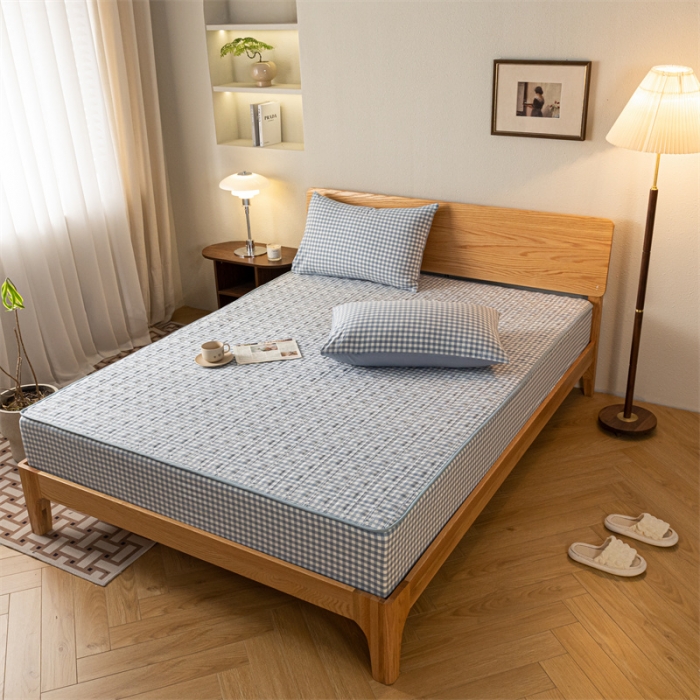 91家纺网 家纺一手货源 找家纺 蓝巢 2023新款全棉水洗棉大豆夹棉床笠 摩卡蓝小格