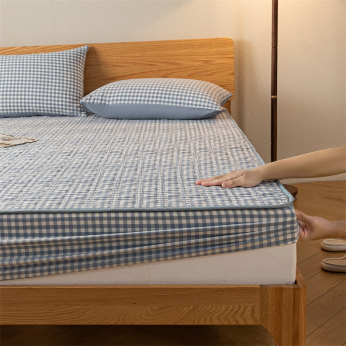 91家纺网 家纺一手货源 找家纺 蓝巢 2023新款全棉水洗棉大豆夹棉床笠 摩卡蓝小格