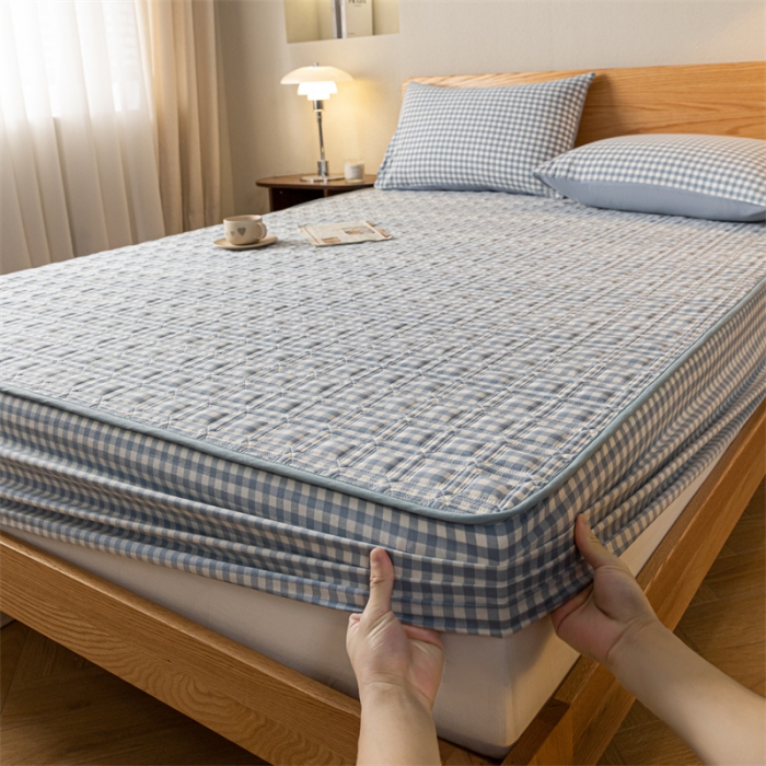 91家纺网 家纺一手货源 找家纺 蓝巢 2023新款全棉水洗棉大豆夹棉床笠 摩卡蓝小格