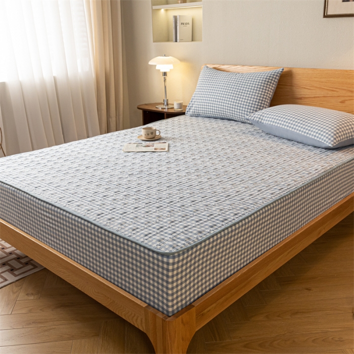 91家纺网 家纺一手货源 找家纺 蓝巢 2023新款全棉水洗棉大豆夹棉床笠 摩卡蓝小格