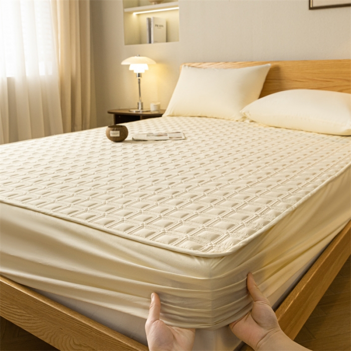 91家纺网 家纺一手货源 找家纺 蓝巢 2023新款全棉水洗棉大豆夹棉床笠 摩卡奶黄