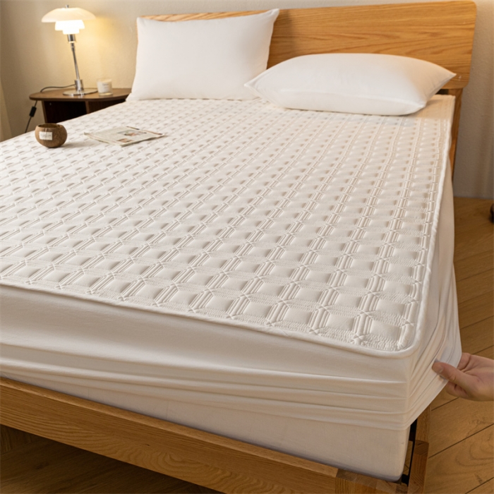 91家纺网 家纺一手货源 找家纺 蓝巢 2023新款全棉水洗棉大豆夹棉床笠 摩卡奶昔白