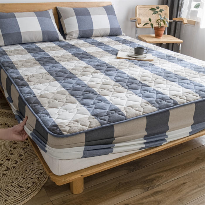 91家纺网 家纺一手货源 找家纺 蓝巢 2023新款全棉水洗棉大豆夹棉床笠 蓝调格